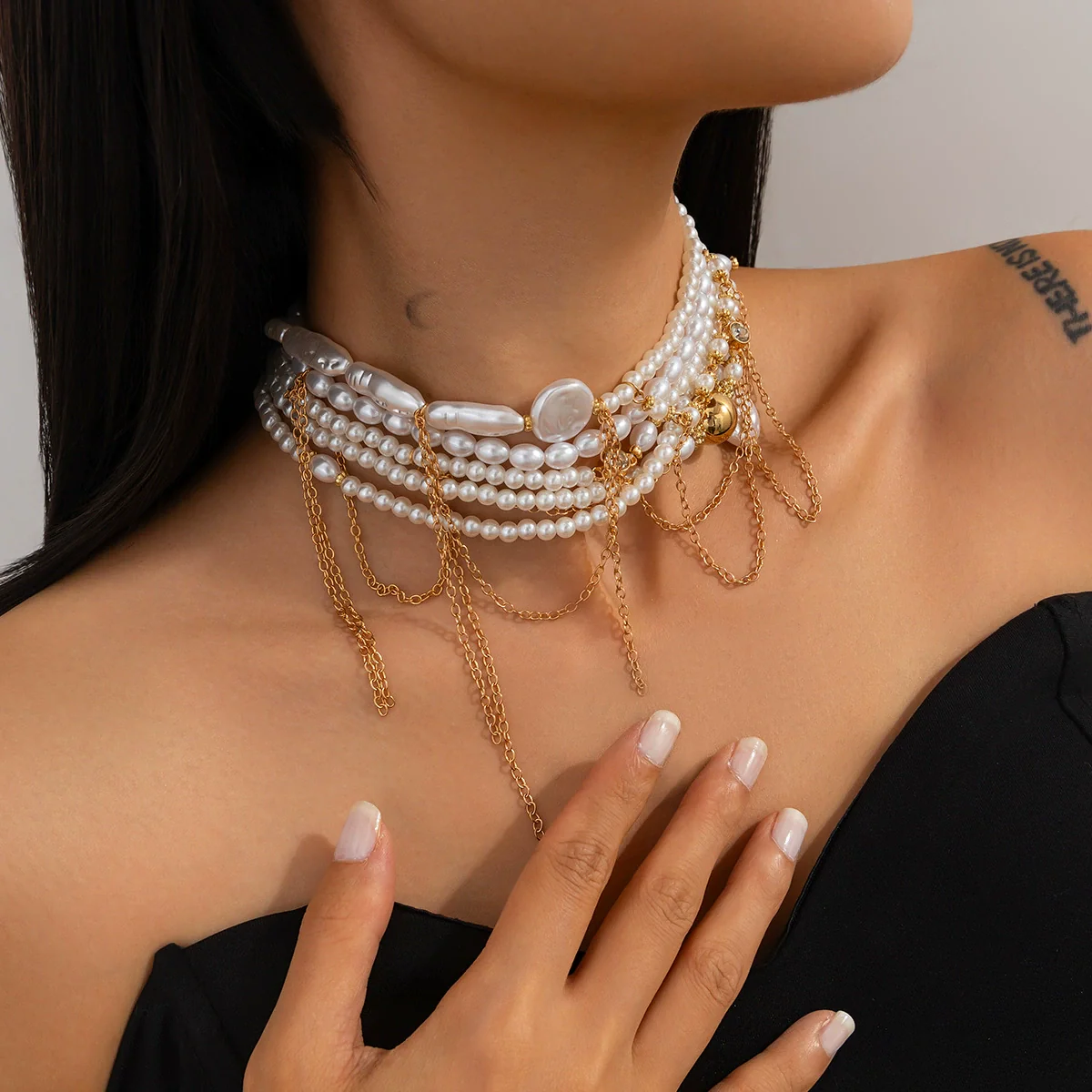 Necklace Imitation Pearl Geometric Metal Tassel Vintage For Women - Image 6