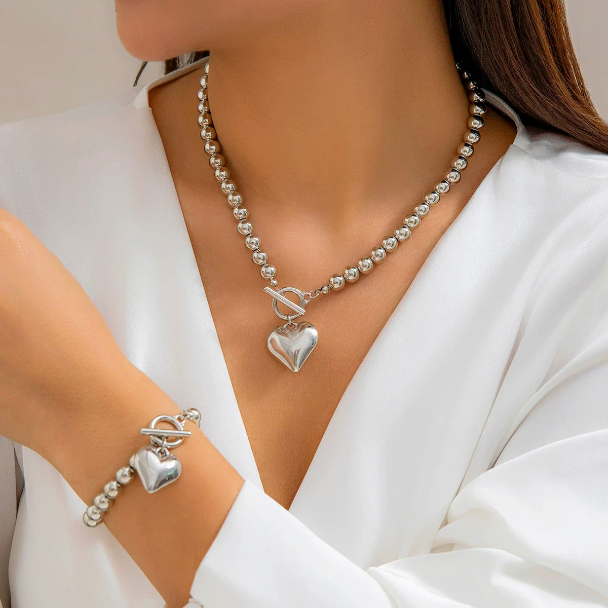 Necklace Imitation Pearl Geometric Round Bead Heart Shaped Electroplated Women's - Image 7