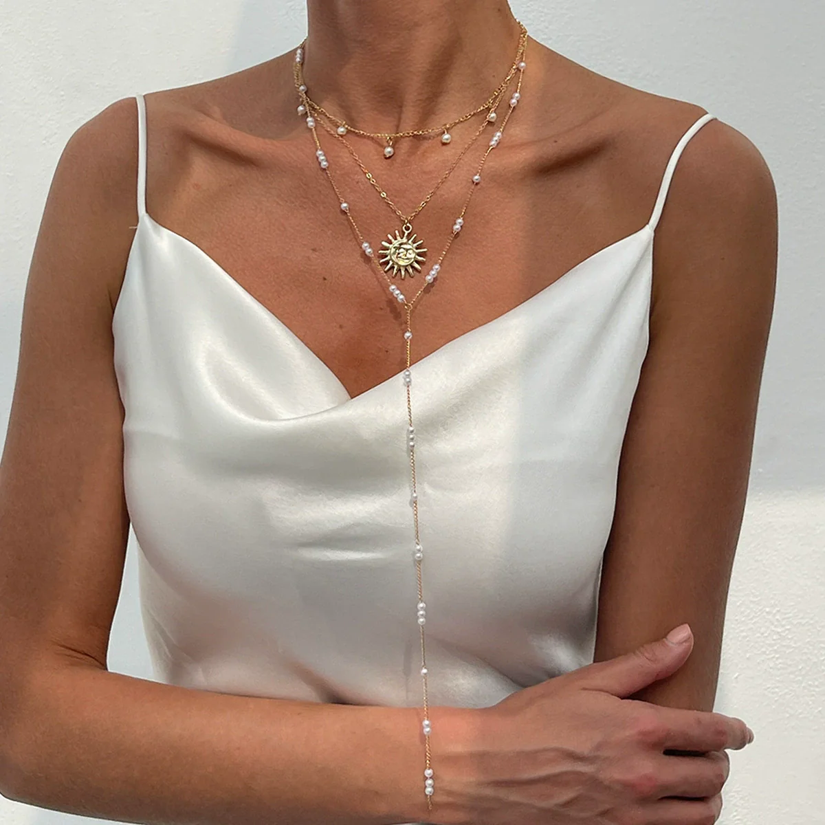 Necklace Imitation Pearl Metal Geometric Sunflower Pendant Electroplating Women's