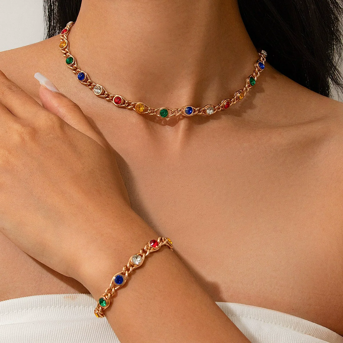 Necklace Jewelry Alloy Spliced Chain With Colorful Rhinestones Geometric Style Electroplating For Women