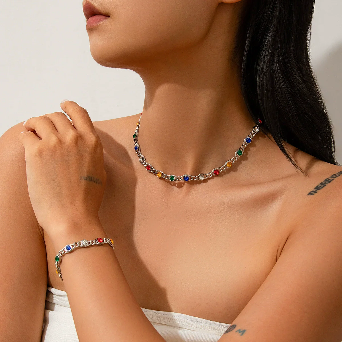 Necklace Jewelry Alloy Spliced Chain With Colorful Rhinestones Geometric Style Electroplating For Women - Image 2