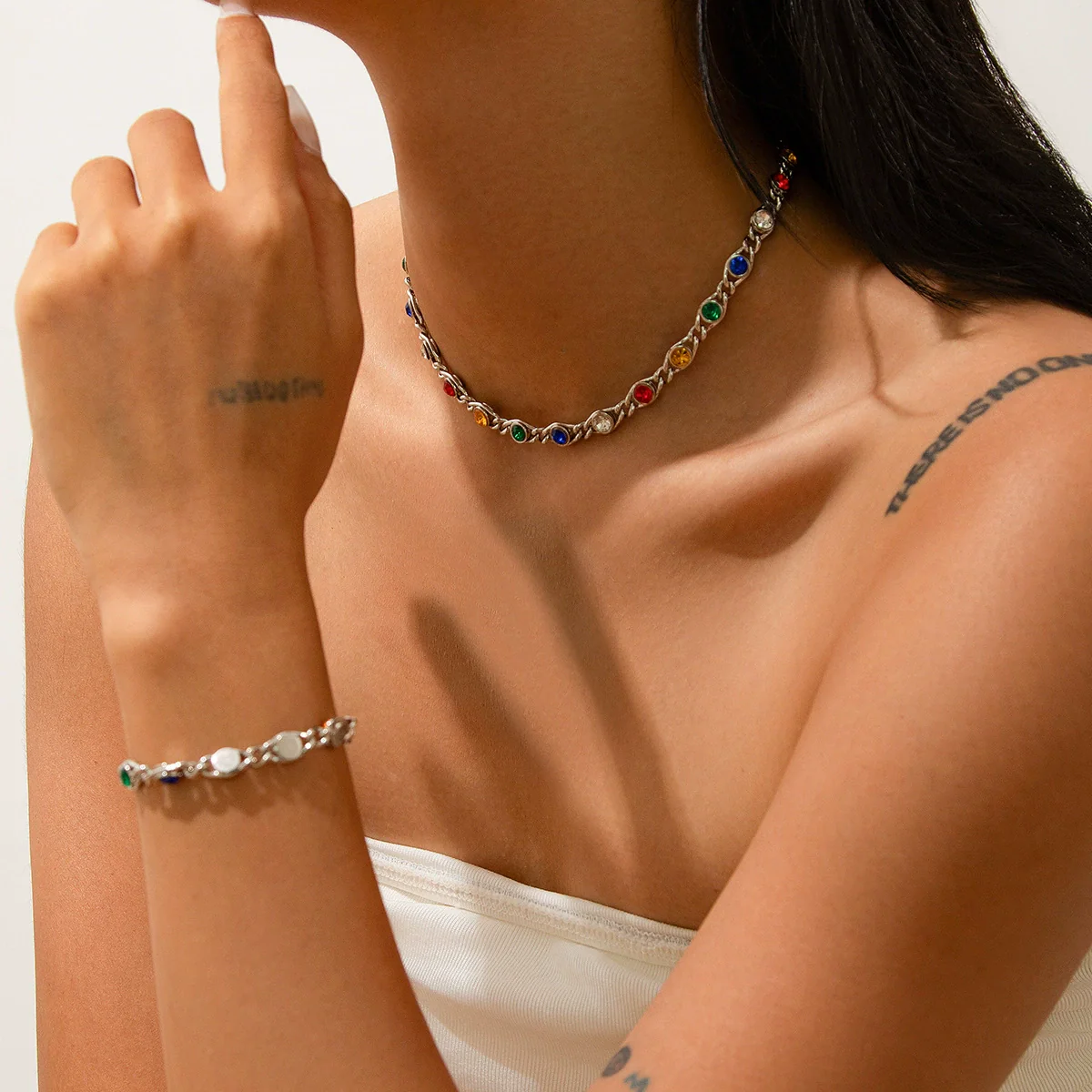 Necklace Jewelry Alloy Spliced Chain With Colorful Rhinestones Geometric Style Electroplating For Women - Image 3