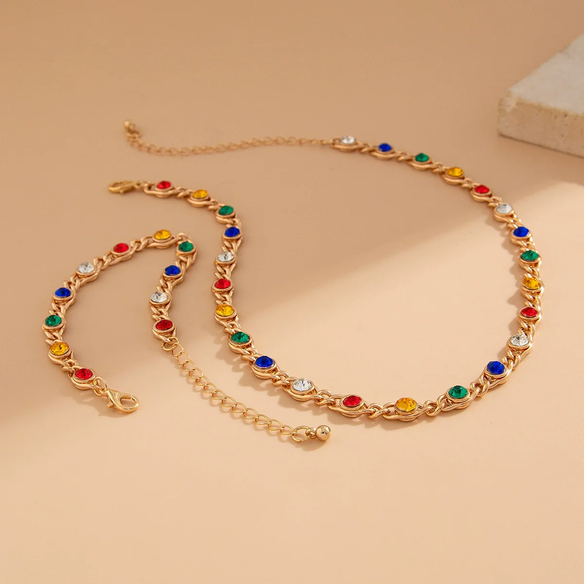 Necklace Jewelry Alloy Spliced Chain With Colorful Rhinestones Geometric Style Electroplating For Women - Image 4