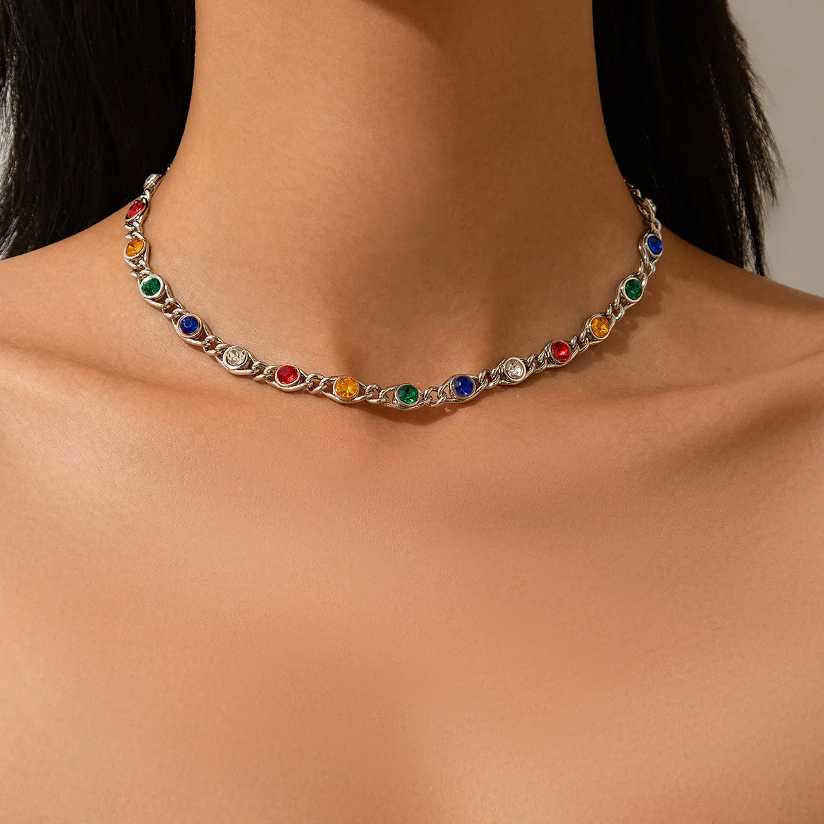 Necklace Jewelry Alloy Spliced Chain With Colorful Rhinestones Geometric Style Electroplating For Women - Image 7