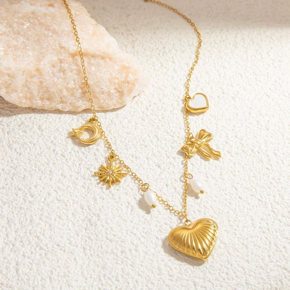 Necklace Jewelry Freshwater Pearl Heart Shape Geometric Titanium Steel Electroplated 18K Real Gold Pendant Clavicle Chain For Women - Image 3