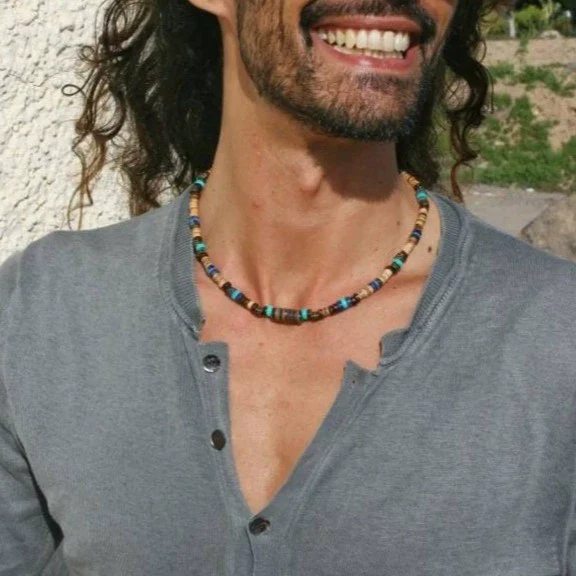 Necklace Lapis Lazuli Turquoise Wooden Bead Alloy O Word Chain Geometric Electroplating Bohemian Retro Men's Fashion