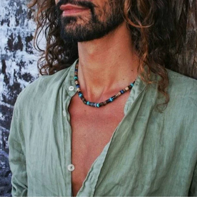 Necklace Lapis Lazuli Turquoise Wooden Bead Alloy O Word Chain Geometric Electroplating Bohemian Retro Men's Fashion - Image 2