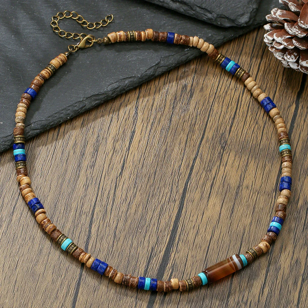 Necklace Lapis Lazuli Turquoise Wooden Bead Alloy O Word Chain Geometric Electroplating Bohemian Retro Men's Fashion - Image 3