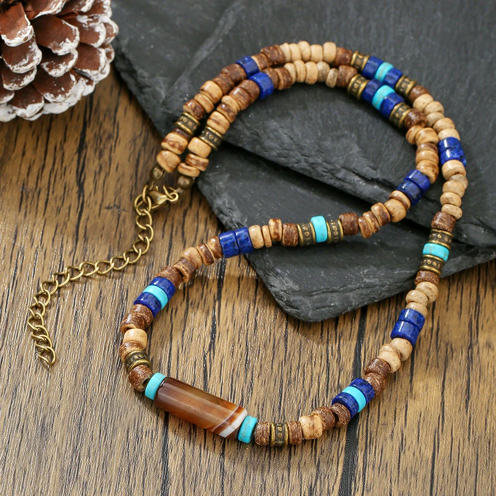 Necklace Lapis Lazuli Turquoise Wooden Bead Alloy O Word Chain Geometric Electroplating Bohemian Retro Men's Fashion - Image 4