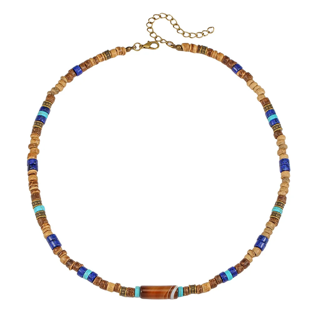 Necklace Lapis Lazuli Turquoise Wooden Bead Alloy O Word Chain Geometric Electroplating Bohemian Retro Men's Fashion - Image 5