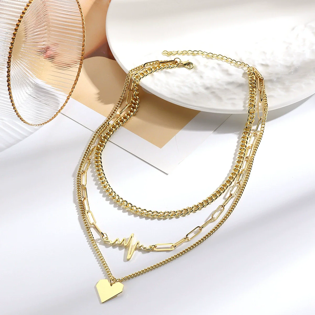 Necklace Metal Heart Pendant Wave Pattern Electroplating For Women - Image 3
