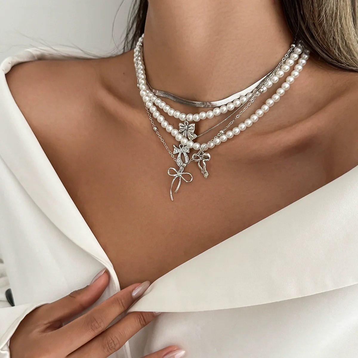 Necklace Metal Ribbon Bow Imitation Pearl Heart Shape Alloy Copper Electroplated - Image 10