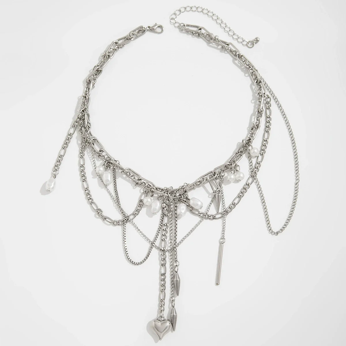 Necklace Metal Rivet Love Pendant Tassel Iron Chain Alloy Imitation Pearl Stainless Steel Ribbed Pendant Heart Shape Geometric Electroplating - Image 5