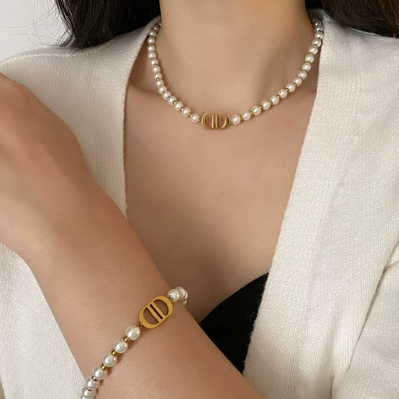 Necklace Multilayer Baroque Imitation Pearl Ball Chain Titanium Steel Geometric Electroplating Women - Image 2