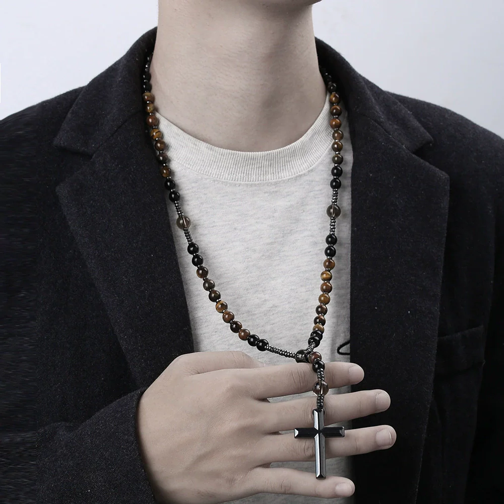 Necklace Natural Stone Yellow Tiger Eye Iron Stone Cross Geometric Handmade Men's Hip Hop Style Alloy Pendant Cotton Thread Chain - Image 3