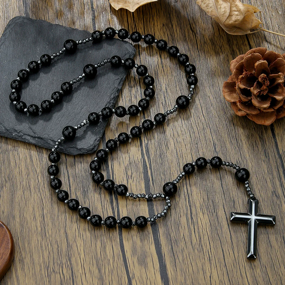 Necklace Natural Stone Yellow Tiger Eye Iron Stone Cross Geometric Handmade Men's Hip Hop Style Alloy Pendant Cotton Thread Chain - Image 8