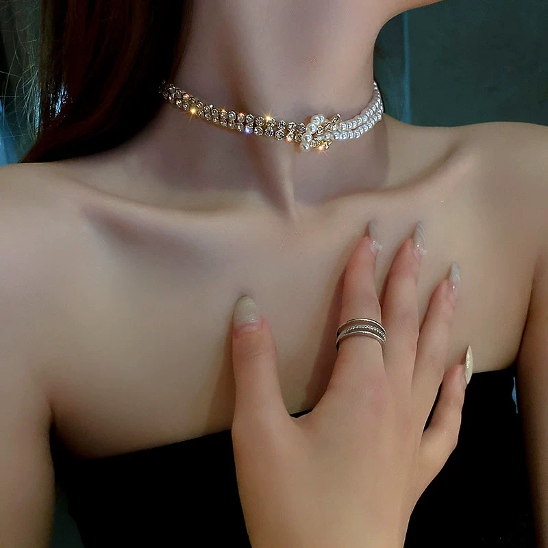 Necklace Pearl Diamond Geometric Ball Chain Personality Style - Image 3