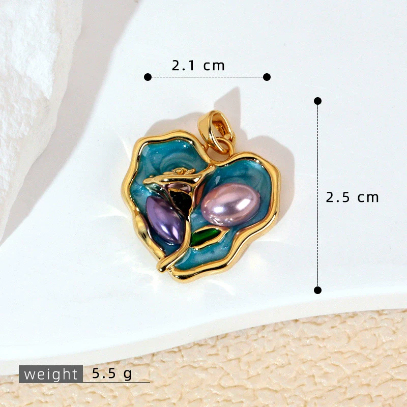 Necklace Pendant Accessories Copper Imitation Pearl Oil Drop Plants Flowers Retro Art Dripping Oil Style - Image 10