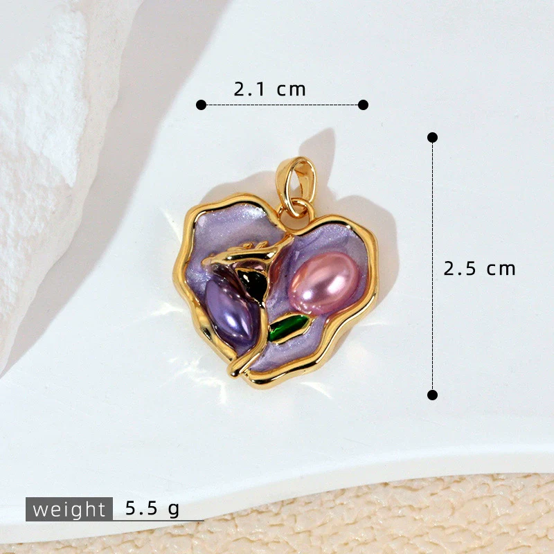 Necklace Pendant Accessories Copper Imitation Pearl Oil Drop Plants Flowers Retro Art Dripping Oil Style - Image 12