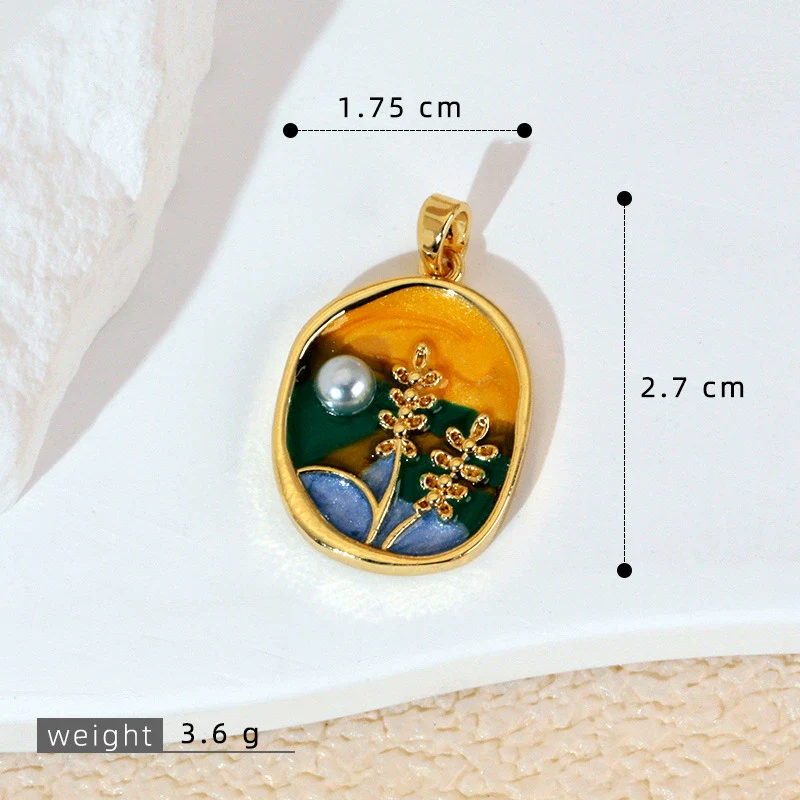 Necklace Pendant Accessories Copper Imitation Pearl Oil Drop Plants Flowers Retro Art Dripping Oil Style - Image 13