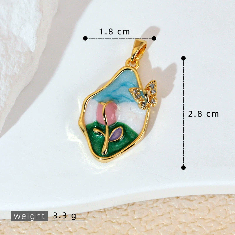 Necklace Pendant Accessories Copper Imitation Pearl Oil Drop Plants Flowers Retro Art Dripping Oil Style - Image 15