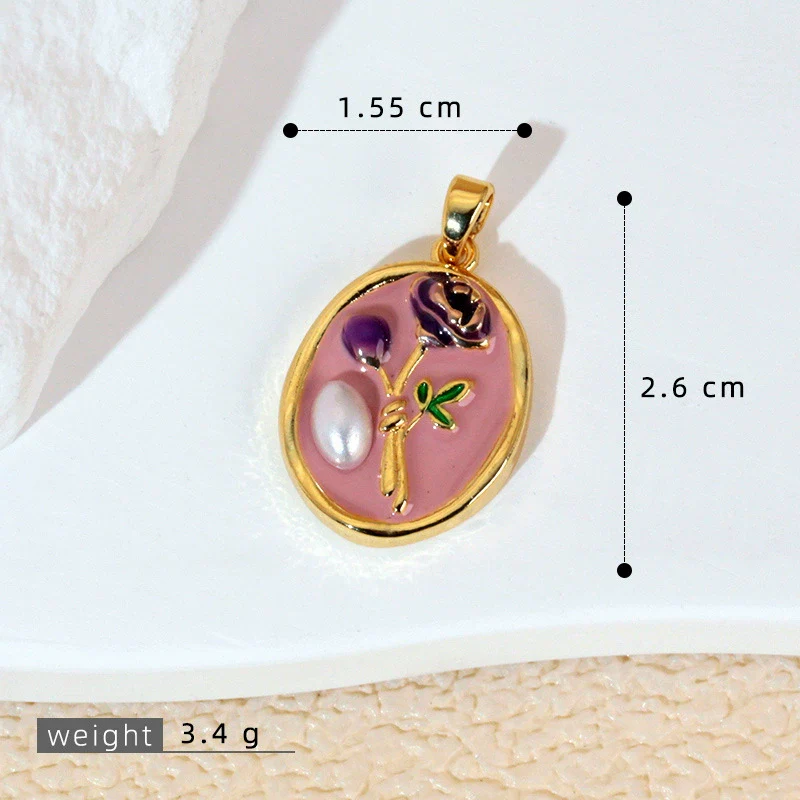 Necklace Pendant Accessories Copper Imitation Pearl Oil Drop Plants Flowers Retro Art Dripping Oil Style - Image 16