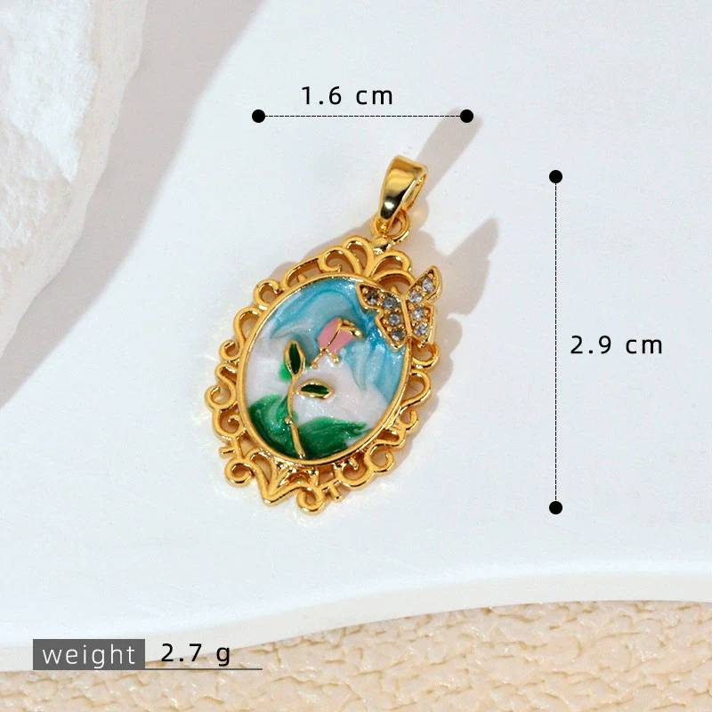 Necklace Pendant Accessories Copper Imitation Pearl Oil Drop Plants Flowers Retro Art Dripping Oil Style - Image 19