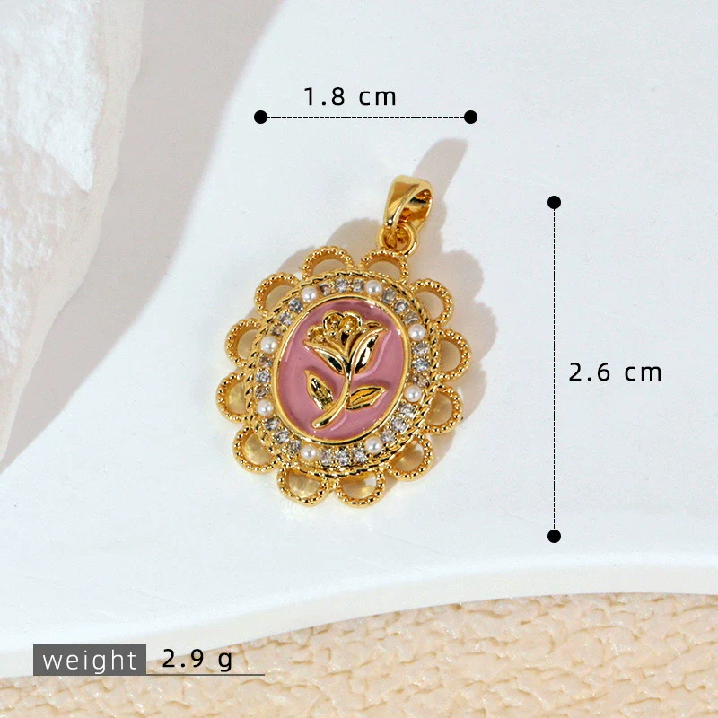 Necklace Pendant Accessories Copper Imitation Pearl Oil Drop Plants Flowers Retro Art Dripping Oil Style - Image 23