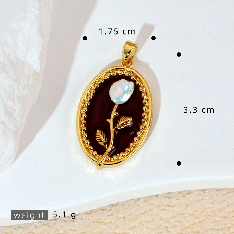 Necklace Pendant Accessories Copper Imitation Pearl Oil Drop Plants Flowers Retro Art Dripping Oil Style - Image 26