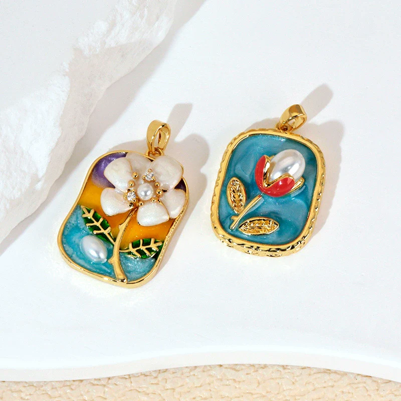 Necklace Pendant Accessories Copper Imitation Pearl Oil Drop Plants Flowers Retro Art Dripping Oil Style - Image 3