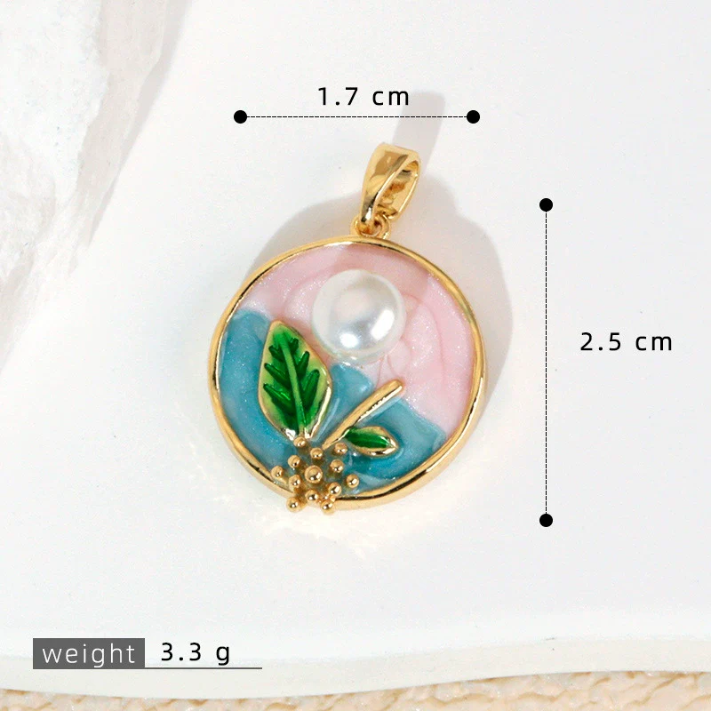 Necklace Pendant Accessories Copper Imitation Pearl Oil Drop Plants Flowers Retro Art Dripping Oil Style - Image 30