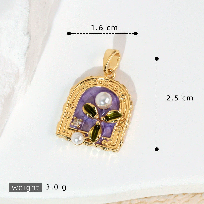 Necklace Pendant Accessories Copper Imitation Pearl Oil Drop Plants Flowers Retro Art Dripping Oil Style - Image 31