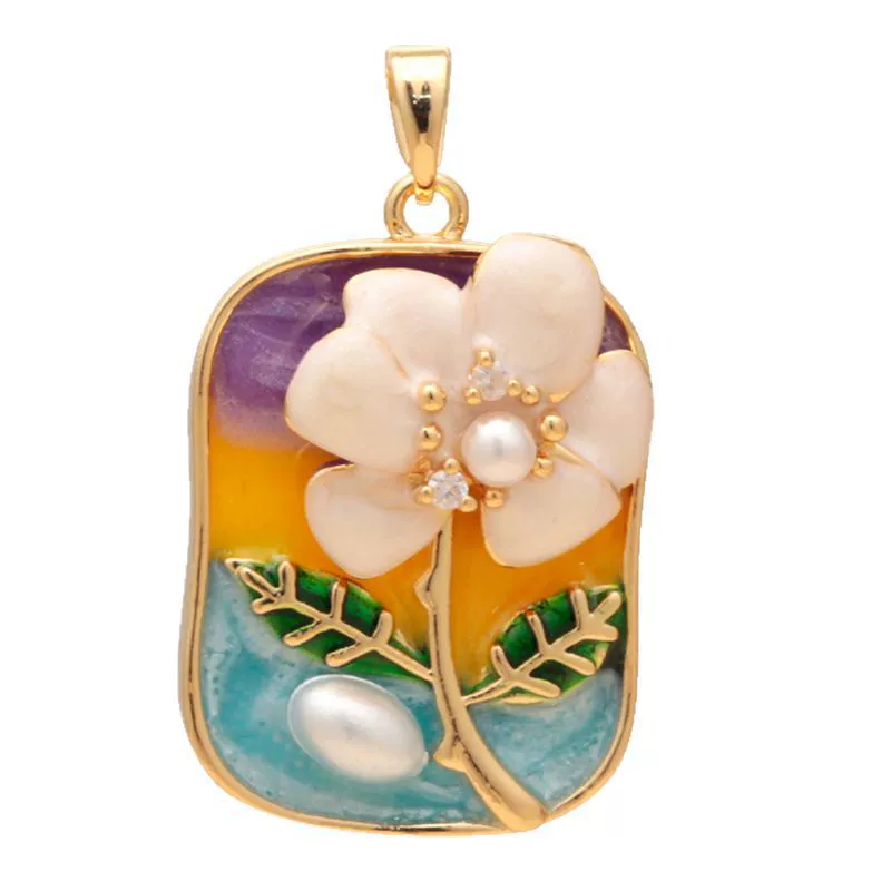 Necklace Pendant Accessories Copper Imitation Pearl Oil Drop Plants Flowers Retro Art Dripping Oil Style - Image 5
