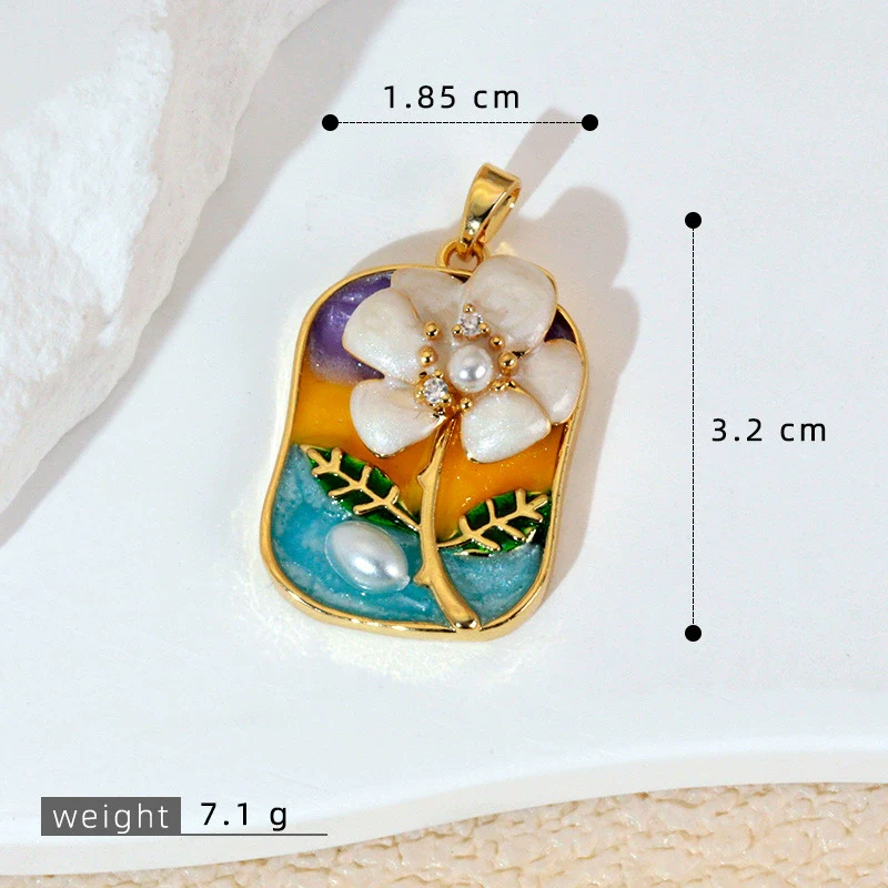 Necklace Pendant Accessories Copper Imitation Pearl Oil Drop Plants Flowers Retro Art Dripping Oil Style - Image 6