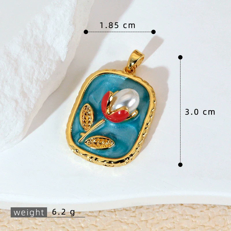 Necklace Pendant Accessories Copper Imitation Pearl Oil Drop Plants Flowers Retro Art Dripping Oil Style - Image 7