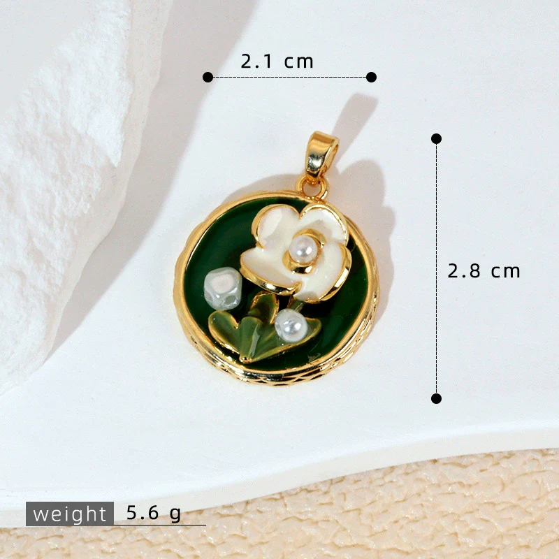 Necklace Pendant Accessories Copper Imitation Pearl Oil Drop Plants Flowers Retro Art Dripping Oil Style - Image 8