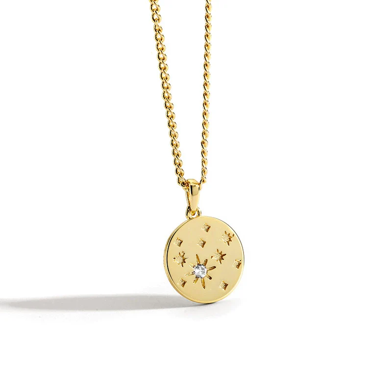 Necklace Pendant Disc Star Diamond Gold Plated Brass Retro Style - Image 6