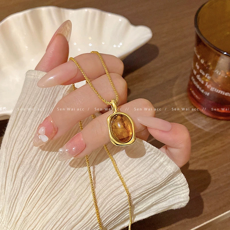 Necklace Pendant Women's Titanium Steel Alloy Geometric Electroplating Imitation Tiger Eye Clavicle Chain Light Luxury Niche Highend Sense Allmatch Internet Celebrity Accessories - Image 2