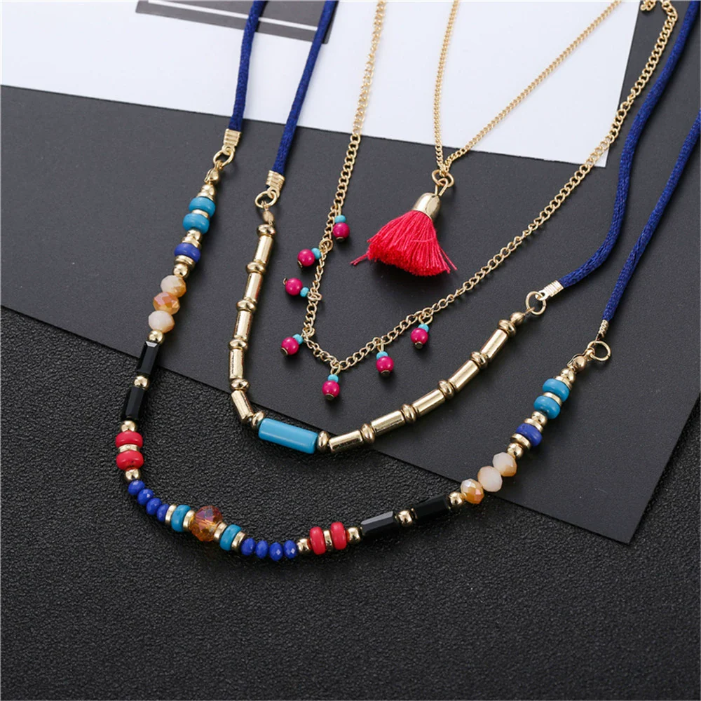 Necklace Plastic Resin Alloy Geometric Ball Chain Multilayer Bead Chain Tassel Pendant Bohemian Style - Image 5