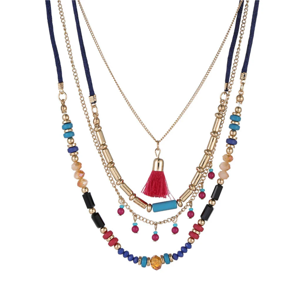 Necklace Plastic Resin Alloy Geometric Ball Chain Multilayer Bead Chain Tassel Pendant Bohemian Style - Image 6