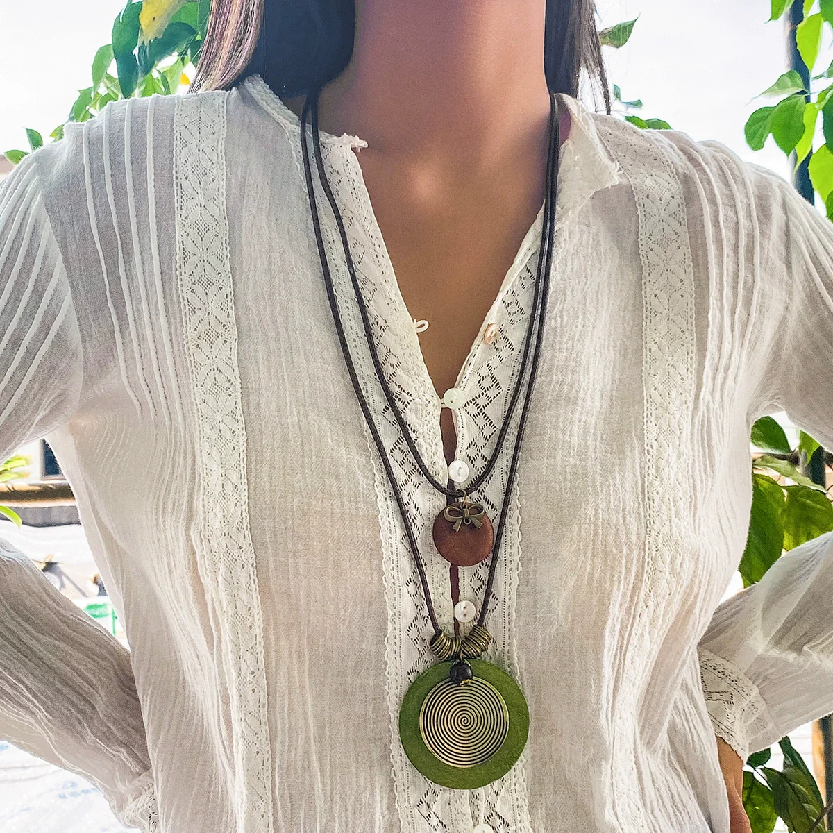 Necklace Retro Round Wood Geometric Handmade Leather Wax Wire Alloy Jewelry