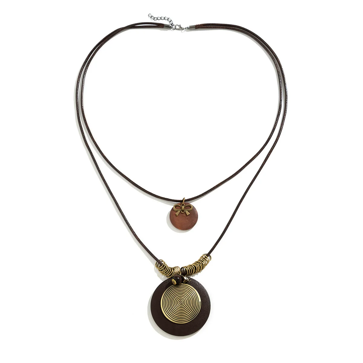 Necklace Retro Round Wood Geometric Handmade Leather Wax Wire Alloy Jewelry - Image 4