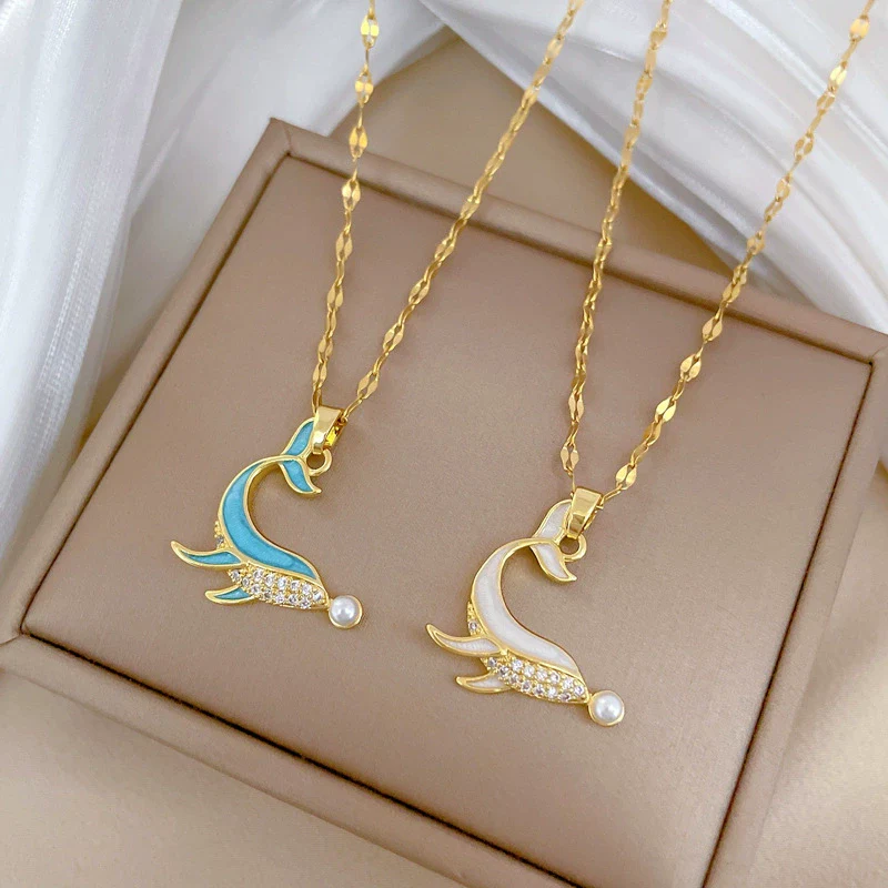 Necklace Stainless Steel Copper Dolphin Pearl Zircon Geometric Light Luxury Elegant Gorgeous Unisex