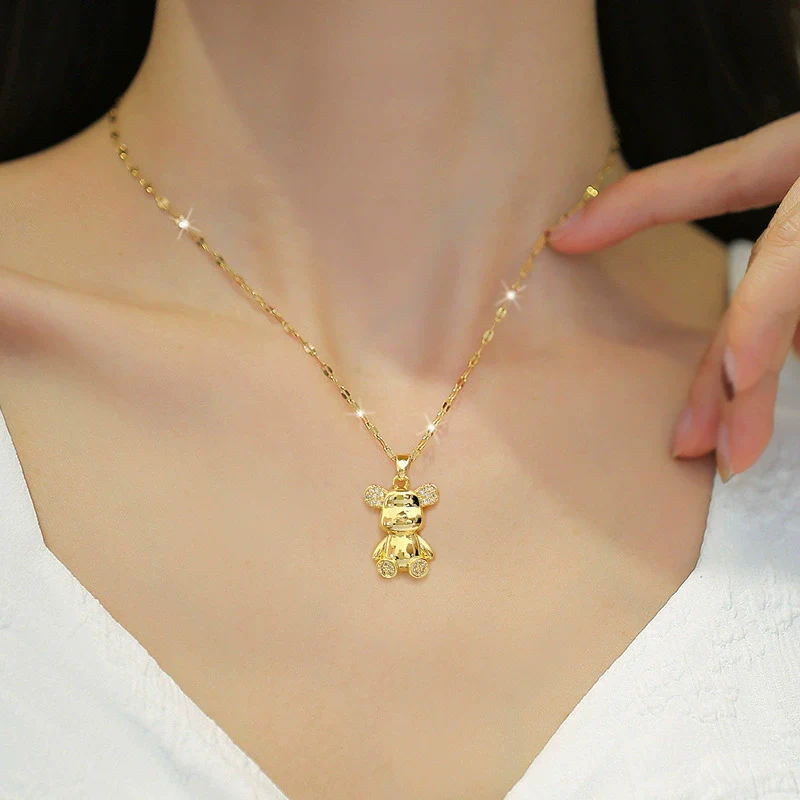 Necklace Stainless Steel Copper Geometric Bear Light Luxury Temperament Gorgeous Full Diamond Allmatch Clavicle Chain Unisex - Image 2