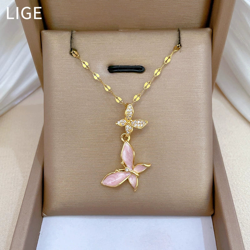 Necklace Stainless Steel Copper Geometric Butterfly Full Diamond Dripping Oil Light Luxury Temperament Unisex