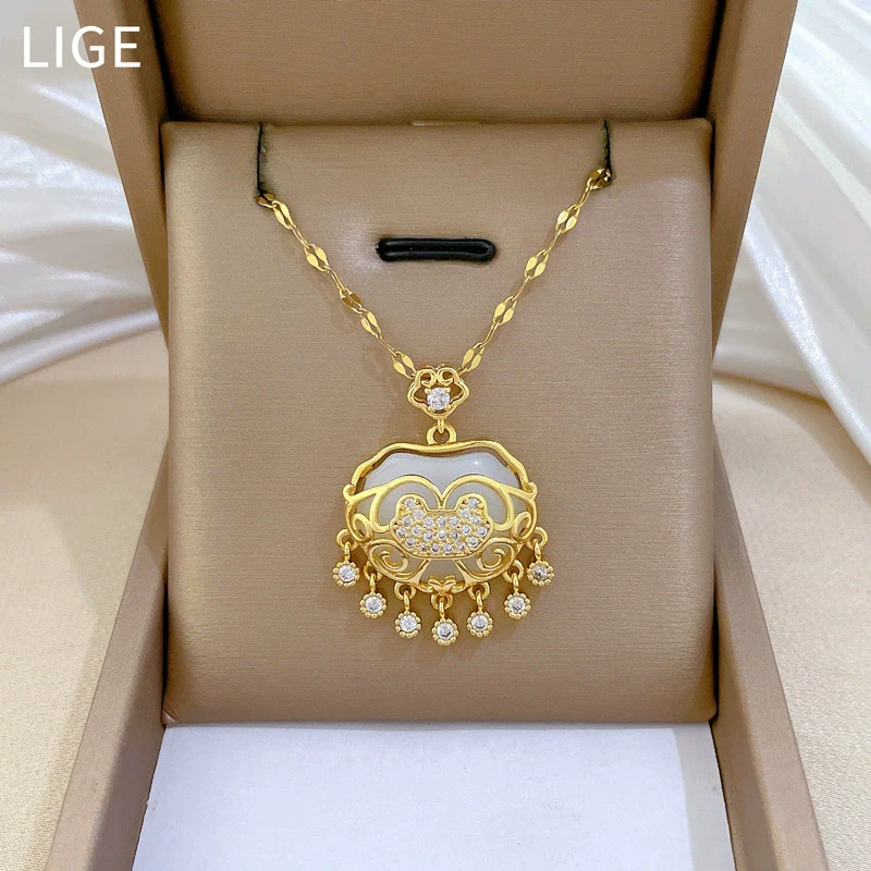Necklace Stainless Steel Copper Geometric Cartoon Tassel Auspicious Lock Women's