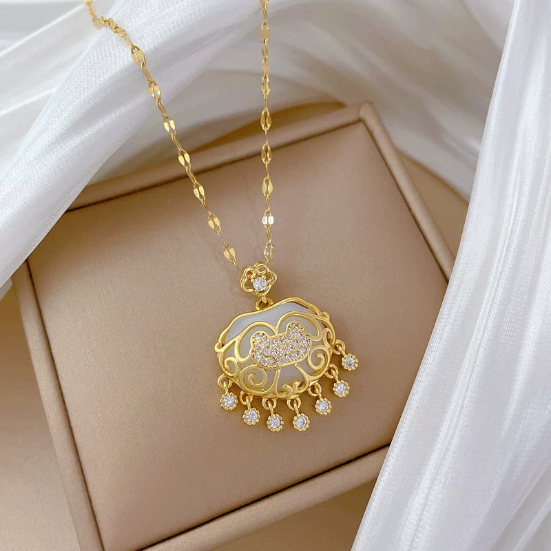 Necklace Stainless Steel Copper Geometric Cartoon Tassel Auspicious Lock Women's - Image 4