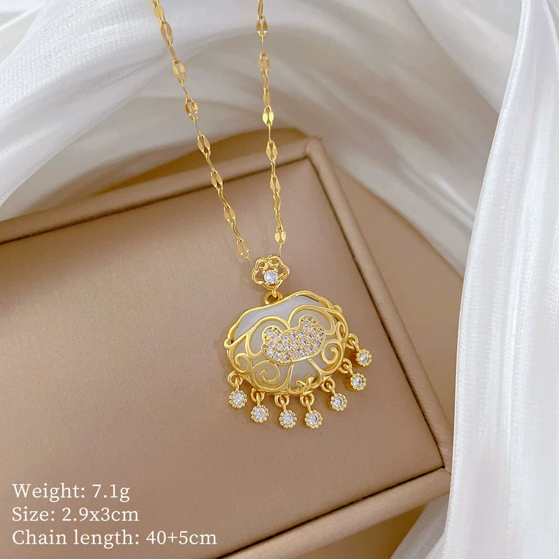 Necklace Stainless Steel Copper Geometric Cartoon Tassel Auspicious Lock Women's - Image 6