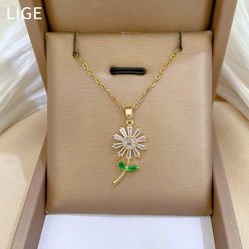 Necklace Stainless Steel Copper Geometric Green Leaf Flower Full Diamond Style