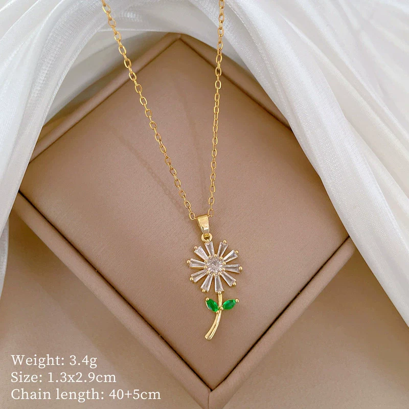 Necklace Stainless Steel Copper Geometric Green Leaf Flower Full Diamond Style - Image 6